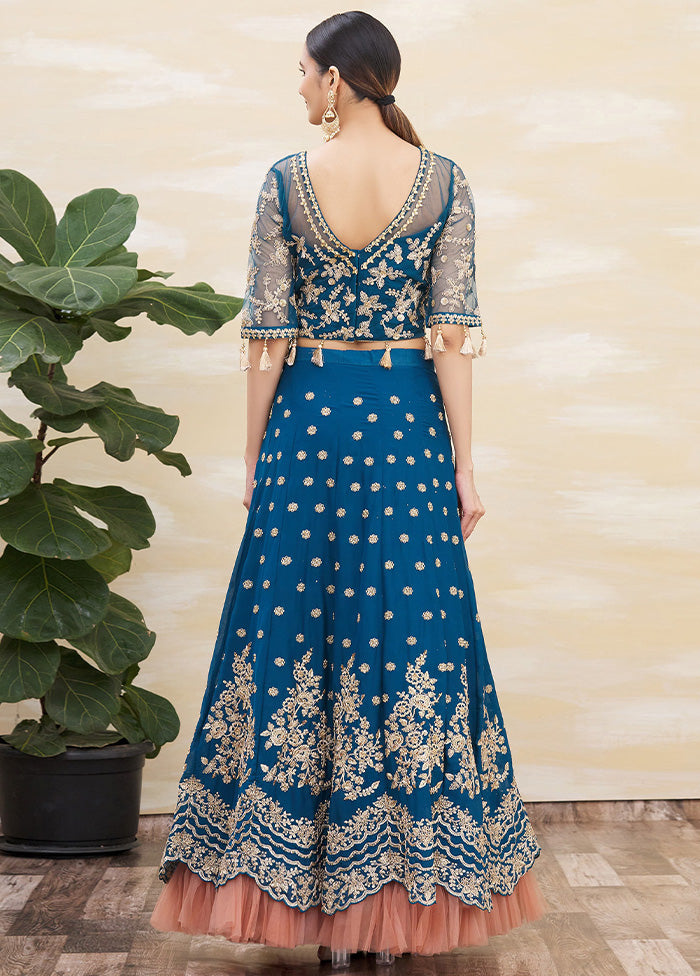 3 Pc Teal Blue Silk Semi Stitched Lehenga Set Discount Inexpensive