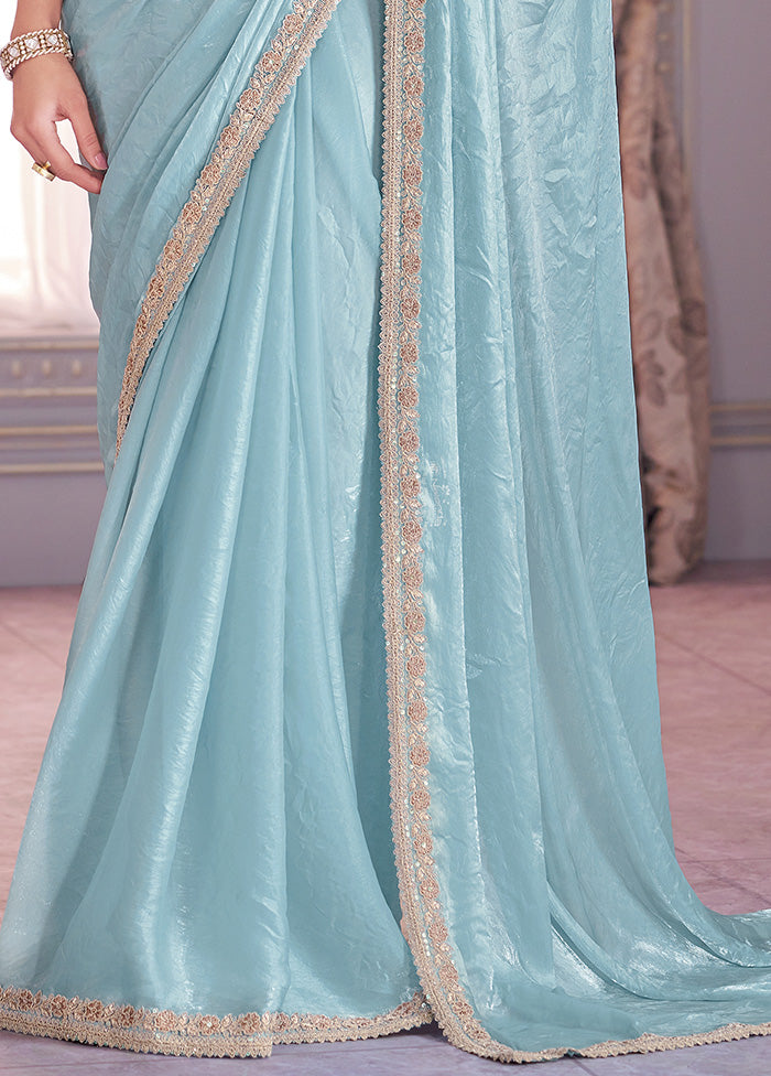 Turquoise Satin Silk Saree With Blouse Piece Best Wholesale Cheap Pice