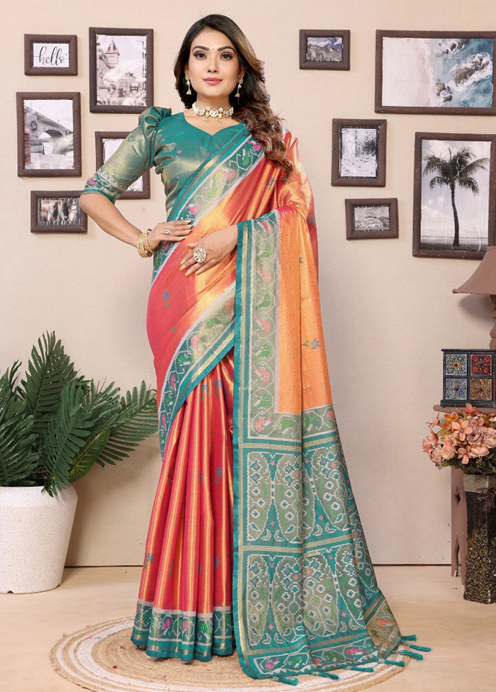 Dark Peach Banarasi Silk Saree With Blouse Piece Clearance Limited Edition