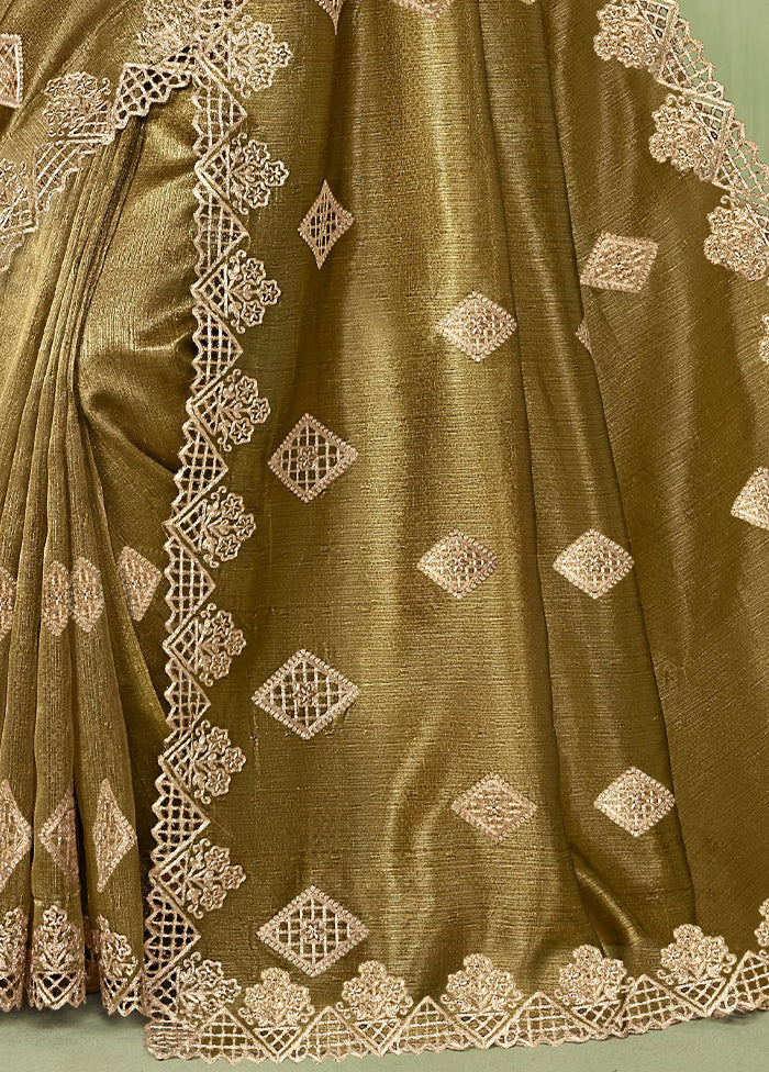 Olive Green Spun Silk Saree With Blouse Piece Cheap Low Cost