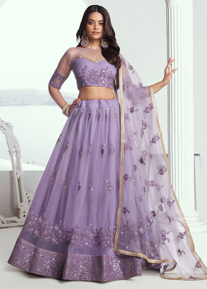 3 Pc Lavender Net Semi Stitched Lehenga Set Sale Cost