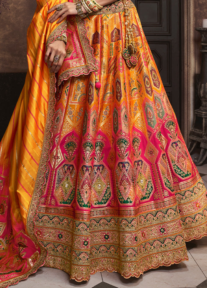 3 Pc Yellow Silk Semi Stitched Lehenga Set Cheap Sale Collections