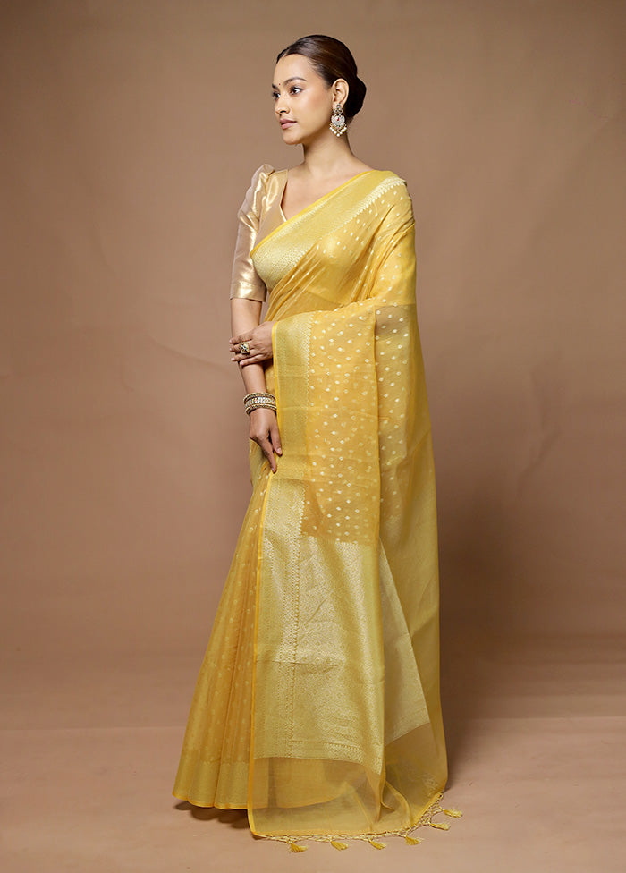 Yellow Kora Silk Saree With Blouse Piece With Paypal Free Shipping