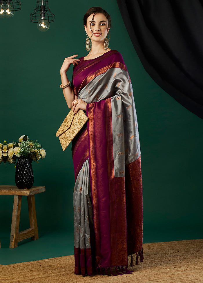 Grey Banarasi Silk Saree With Blouse Piece Original Cheap Online