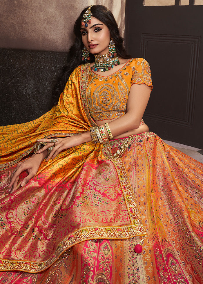 3 Pc Yellow Silk Semi Stitched Lehenga Set Discount Authentic Online