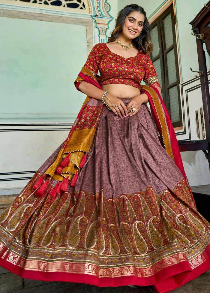 3 Pc Purple Silk Semi Stitched Lehenga Set On Hot Sale