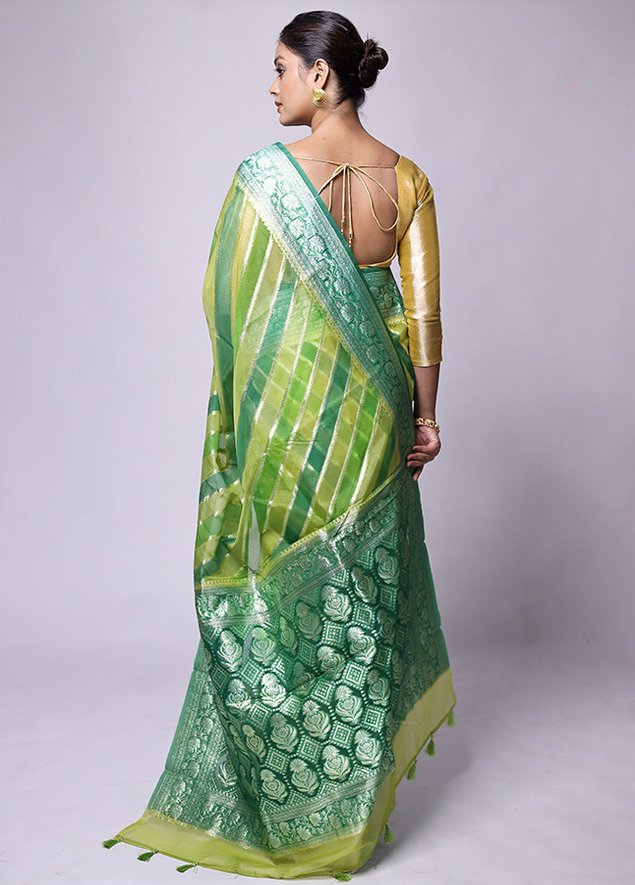 Green Organza Saree With Blouse Piece Free Shipping 100% Guaranteed