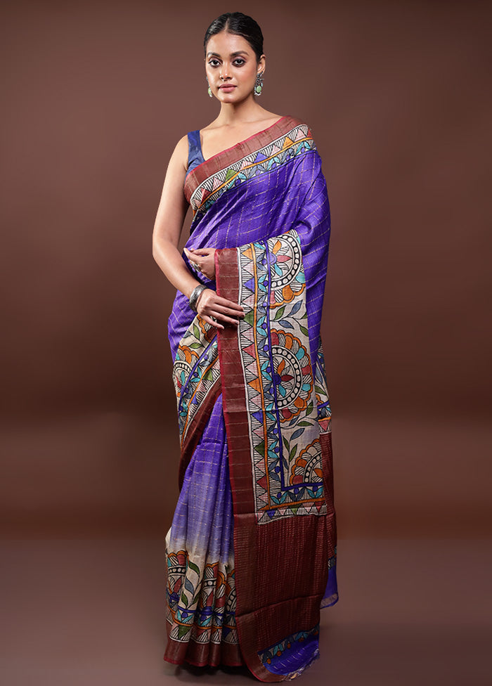 Blue Handloom Tussar Pure Silk Saree With Blouse Piece With Credit Card Free Shipping