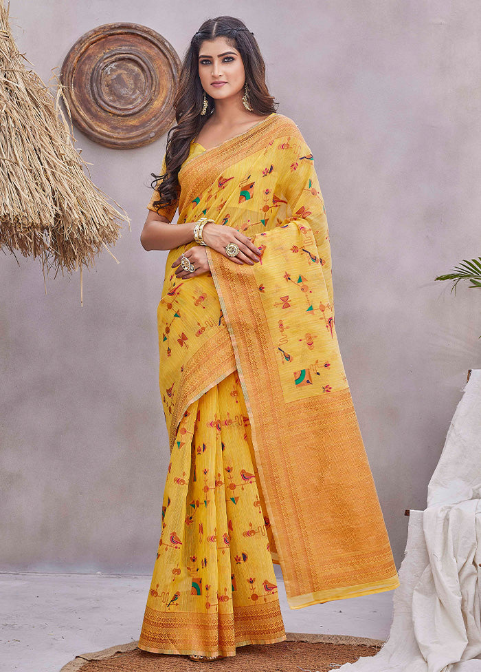 Yellow Linen Silk Saree With Blouse Piece Free Shipping Sale Online