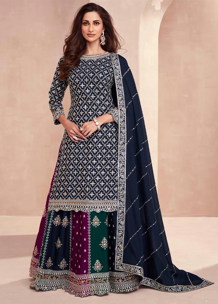 3 Pc Navy Blue Semi Stitched Silk Suit Set Cheap Sale Professional