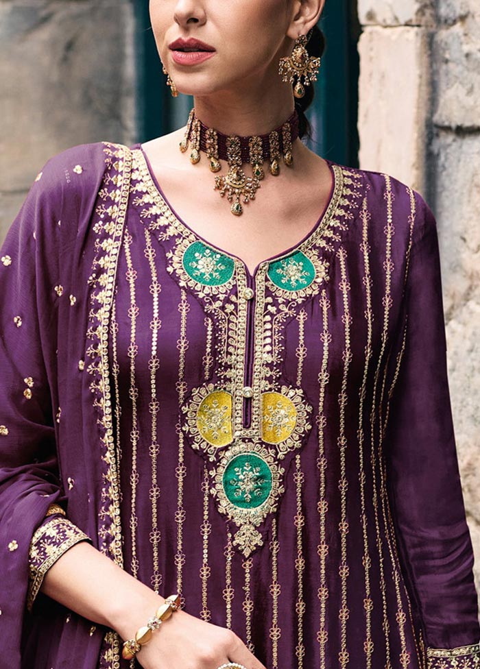 3 Pc Purple Semi Stitched Silk Suit Set 2025 New Cheap Pice