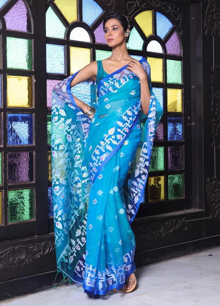 Turquoise Spun Silk Saree With Blouse Piece Free Shipping Very Cheap