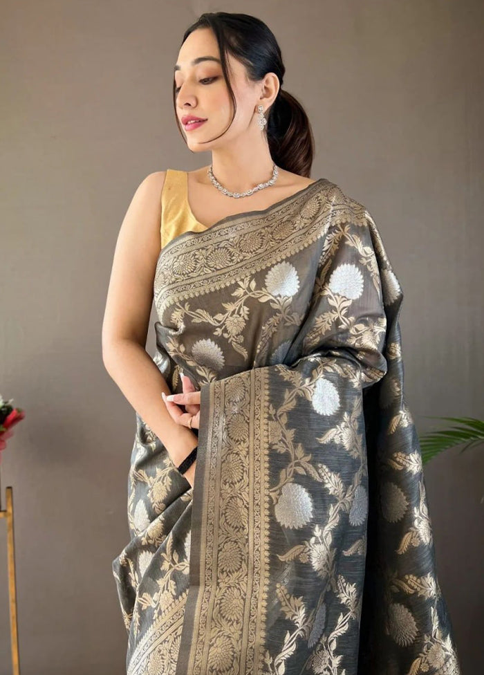 Grey Banarasi Silk Saree With Blouse Piece Cheap Sale Collections