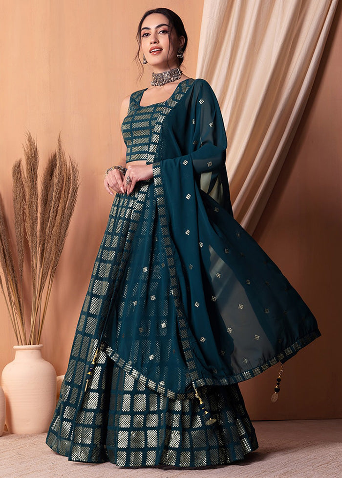 3 Pc Teal Georgette Semi Stitched Lehenga Set Sale Reliable