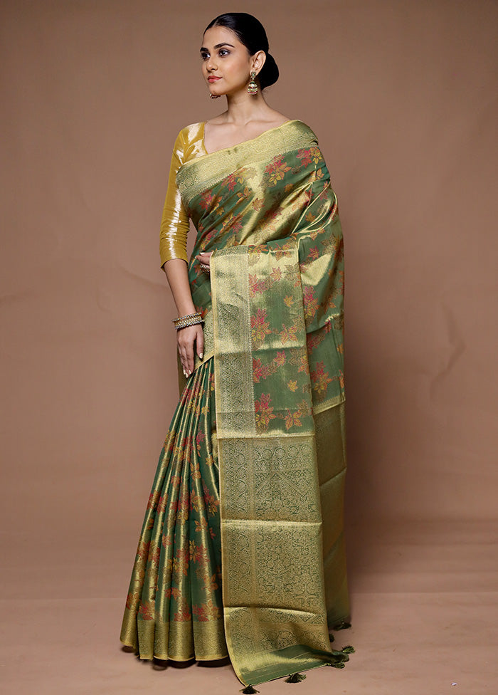 Green Tissue Silk Saree With Blouse Piece Fashionable Cheap Pice