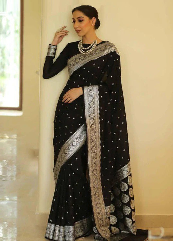 Black Banarasi Silk Saree With Blouse Piece Outlet Official