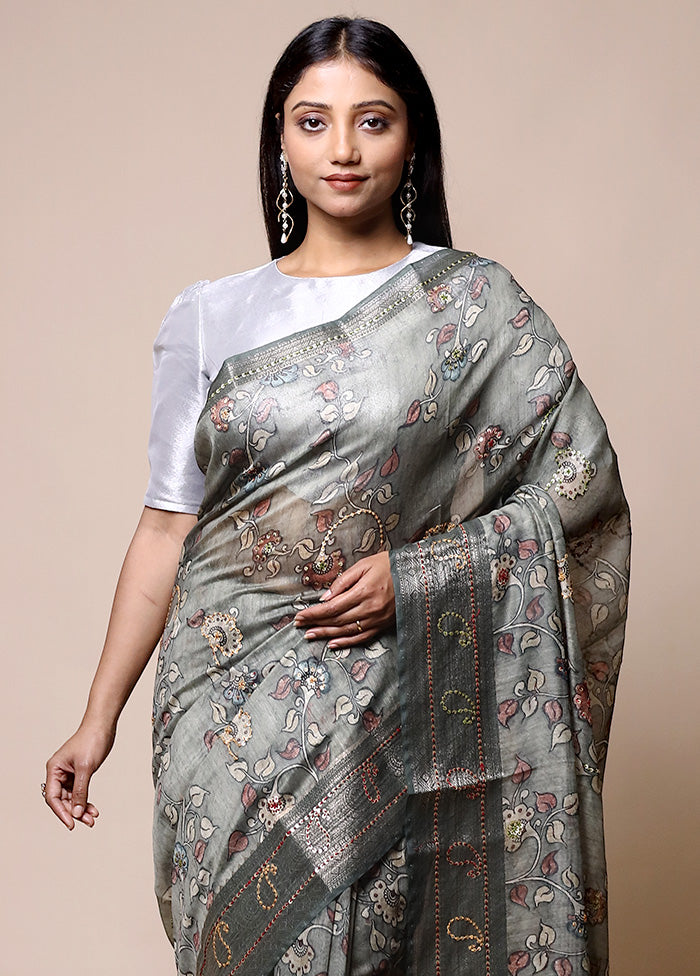 Grey Tussar Silk Saree With Blouse Piece Sale Cheap Pice