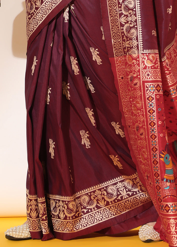 Wine Spun Silk Saree With Blouse Piece Quality Free Shipping