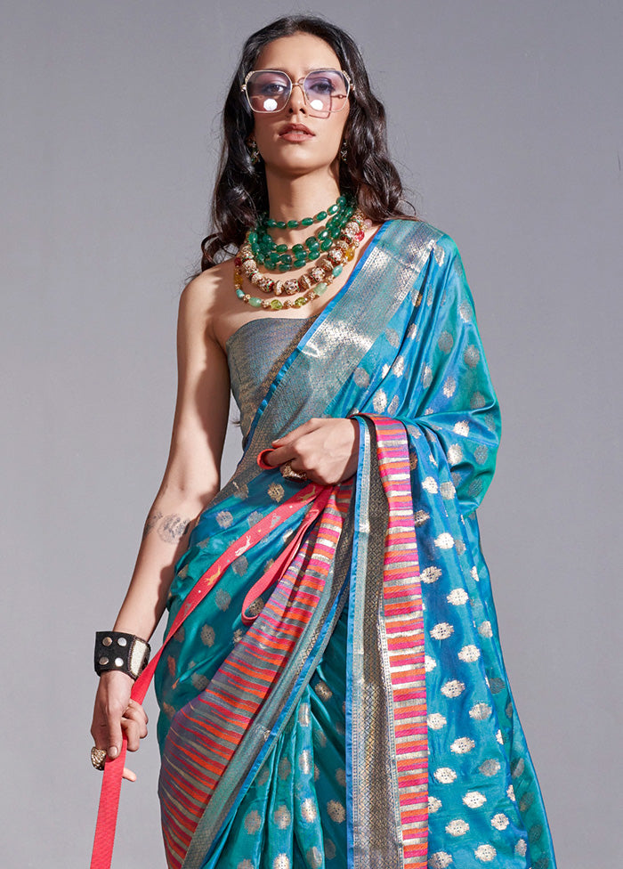 Blue Spun Silk Saree With Blouse Piece Fashionable Online