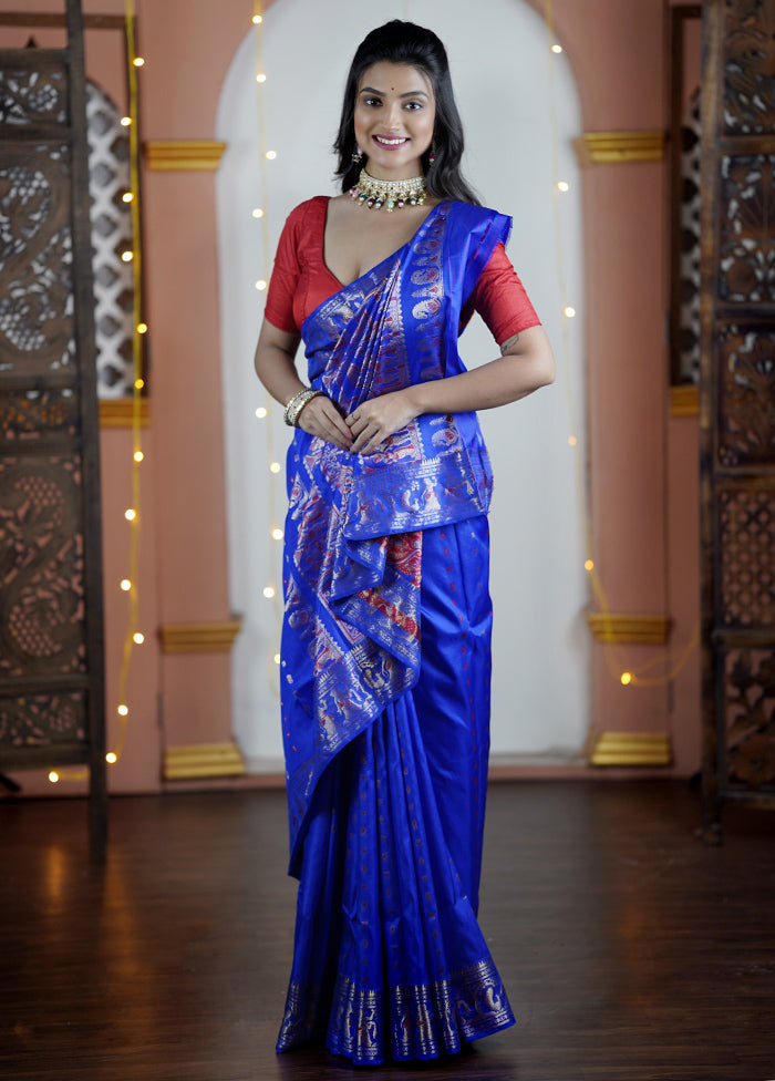 Blue Handloom Baluchari Pure Silk Saree With Blouse Piece Sale Nicekicks