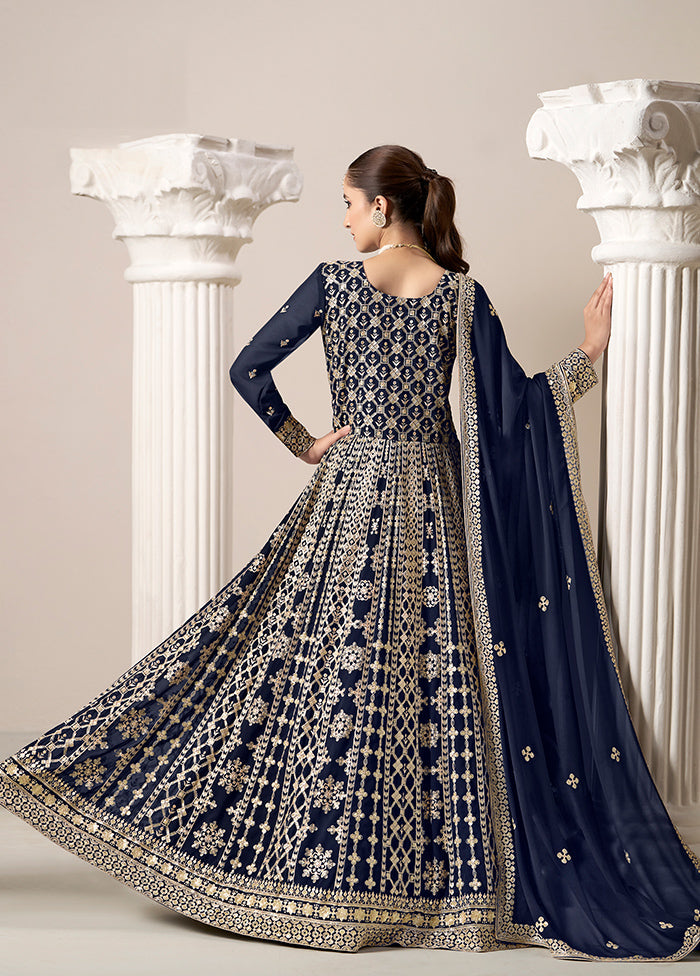 3 Pc Blue Semi Stitched Georgette Suit Set Cheap Sale Visit New