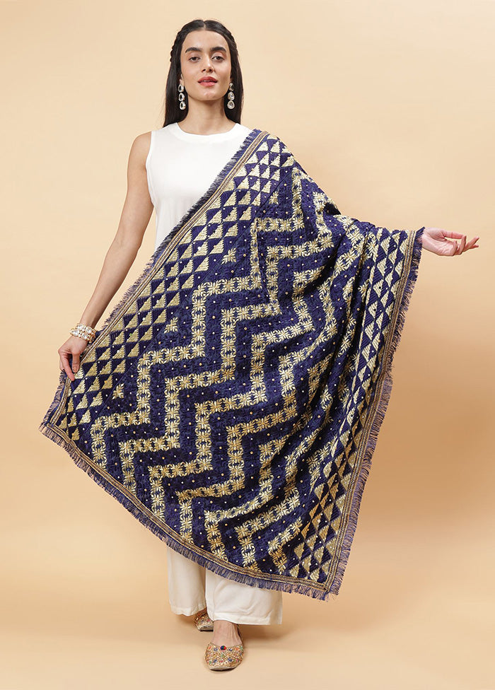 Navy Blue Chinon Phulkari Work Dupatta Free Shipping Recommend