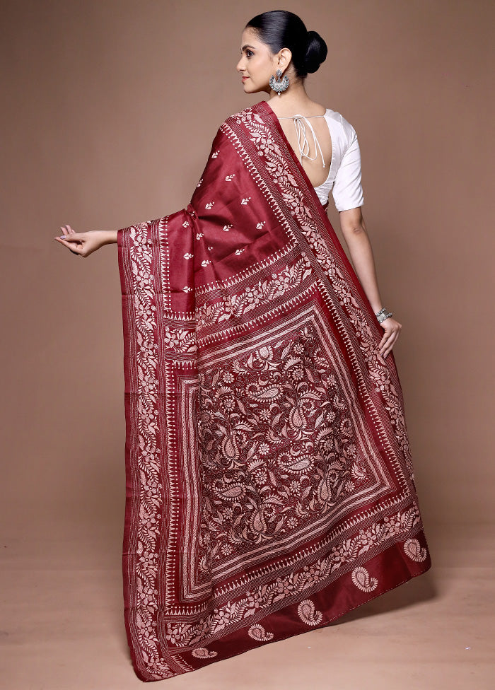 Maroon Handloom Kantha Stitch Pure Silk Saree With Blouse Piece Discount Tumblr