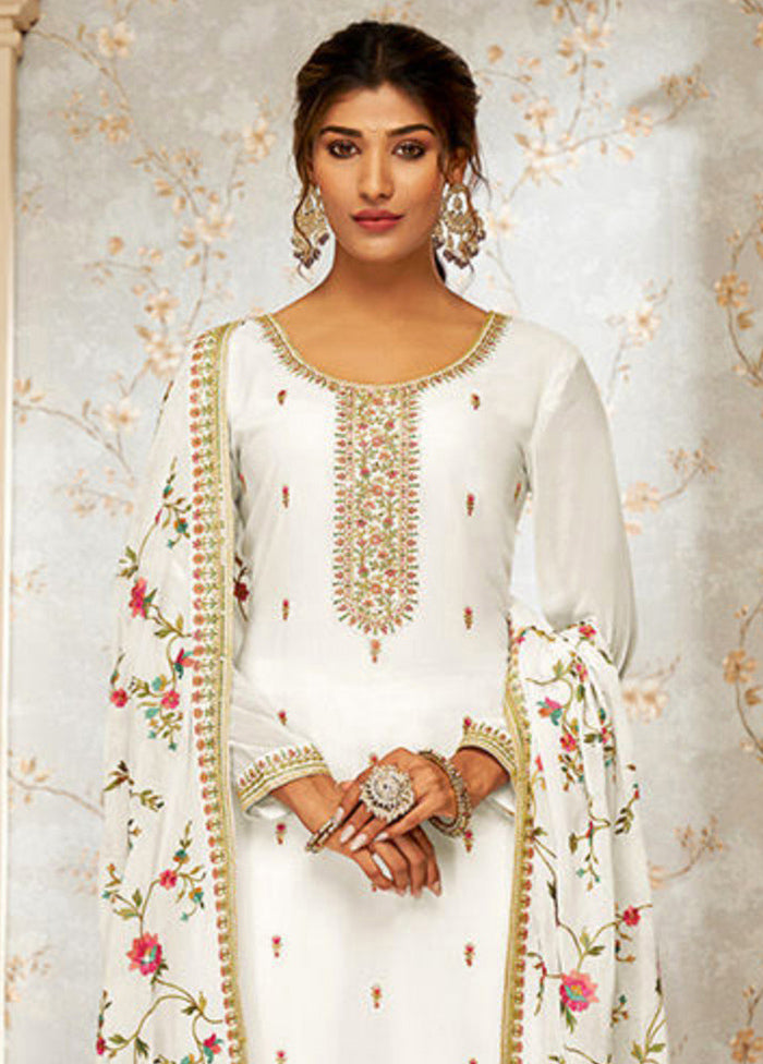 3 Pc White Semi Stitched Georgette Suit Set Buy Cheap Countdown Package