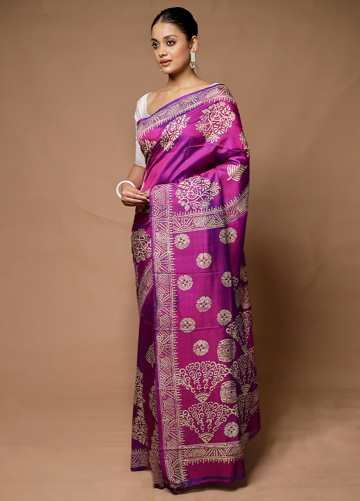 Purple Printed Pure Silk Saree Without Blouse Piece Sale 100% Guaranteed