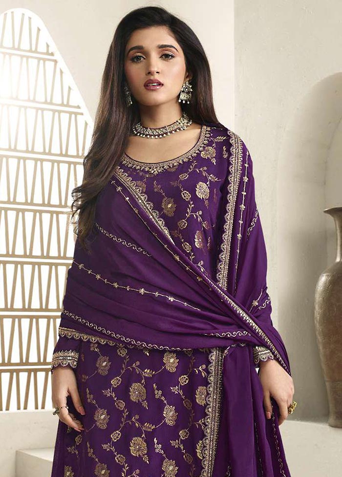 3 Pc Purple Semi Stitched Viscose Suit Set Discount Huge Surprise