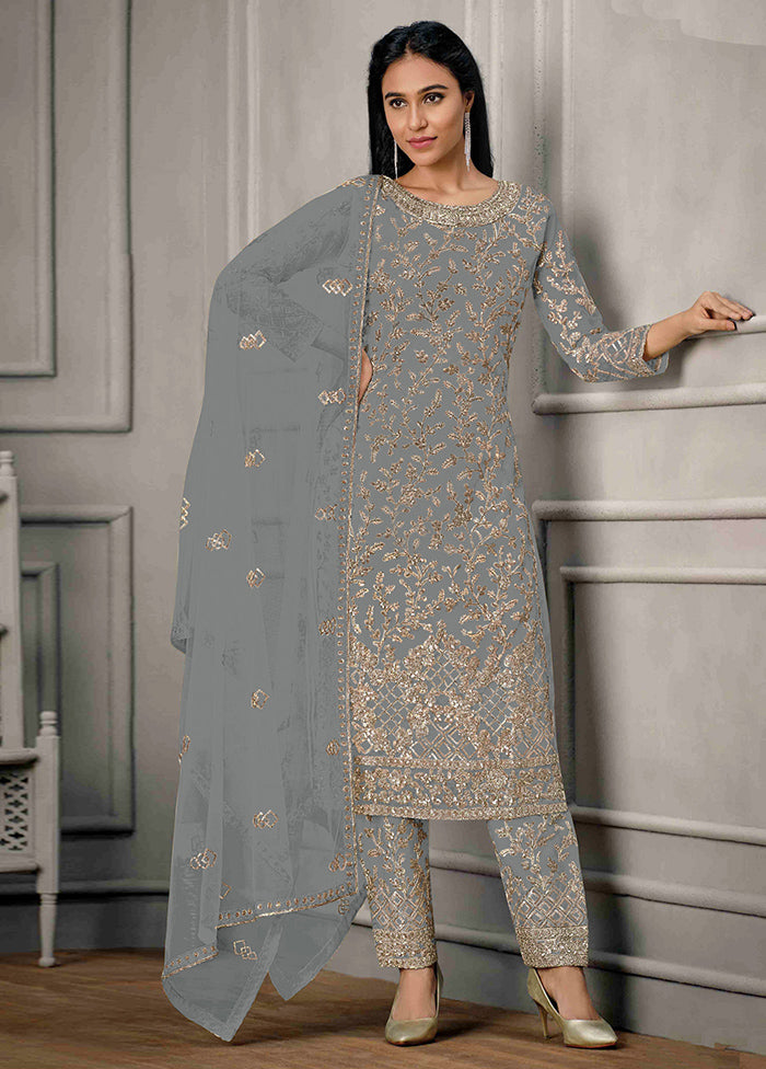 3 Pc Grey Semi Stitched Net Suit Set Latest Sale Online