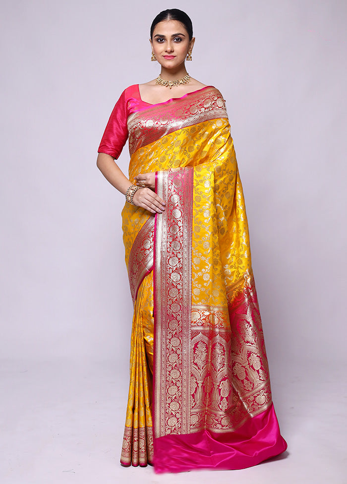 Yellow Handloom Banarasi Pure Silk Saree With Blouse Piece Clearance Order