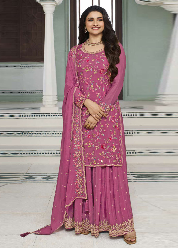 3 Pc Pink Semi Stitched Viscose Suit Set Low Cost Cheap Online