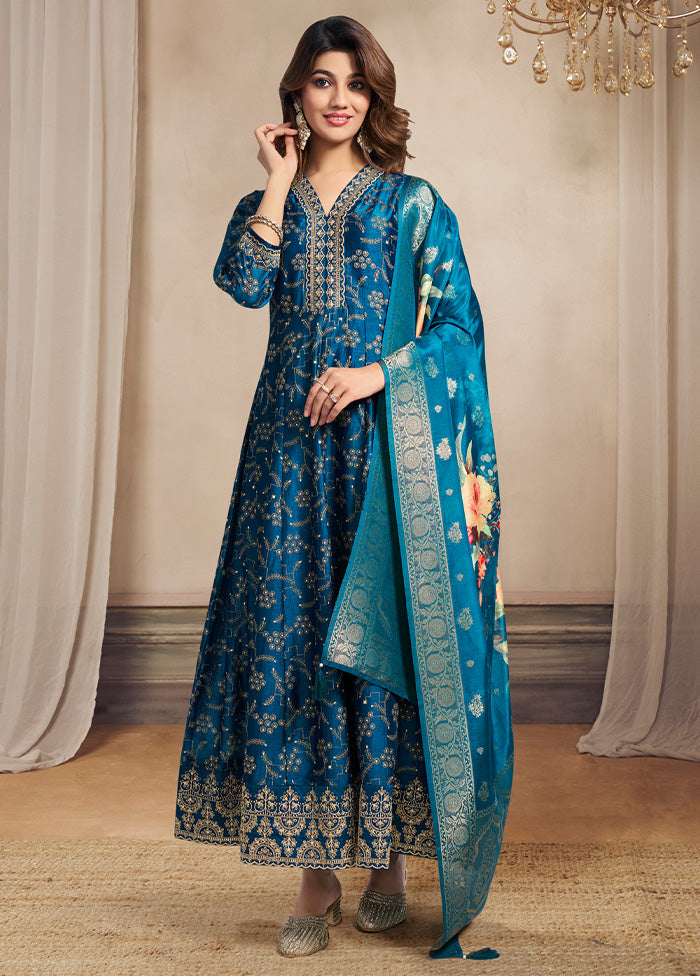 3 Pc Teal Blue Readymade Silk Dupatta Suit Set 2025 New Sale Online