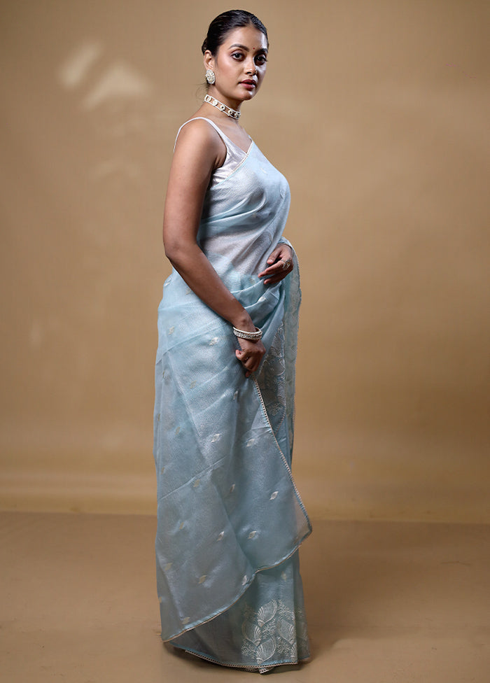 Blue Crushed Tissue Silk Saree With Blouse Piece Sale Browse