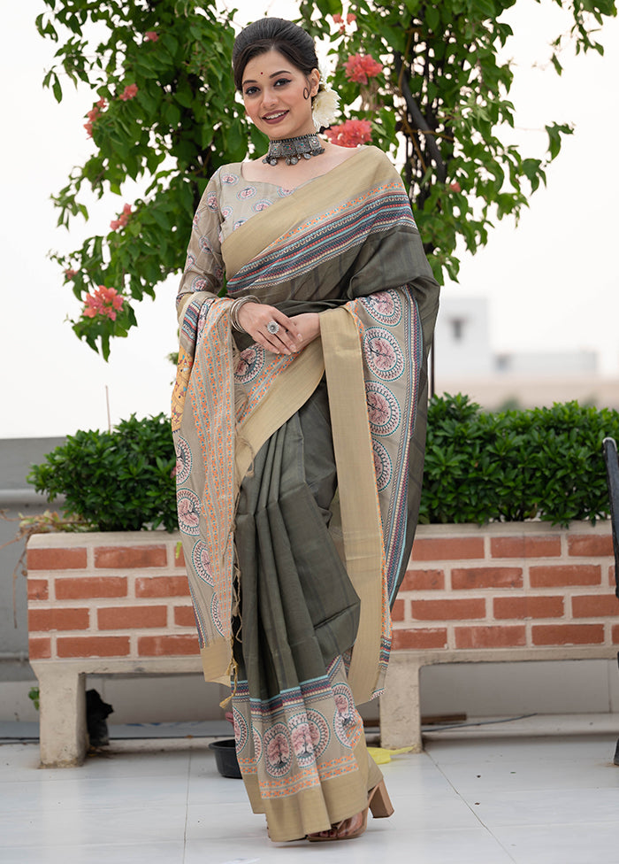 Green Tussar Silk Saree With Blouse Piece Clearance From China