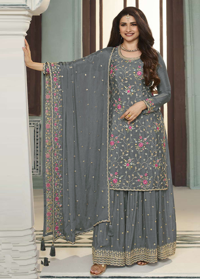 3 Pc Grey Semi Stitched Viscose Suit Set For Cheap Pice