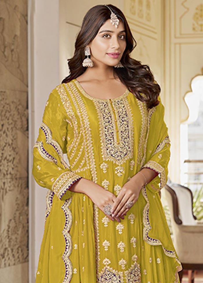 3 Pc Yellow Semi Stitched Silk Suit Set Clearance Perfect