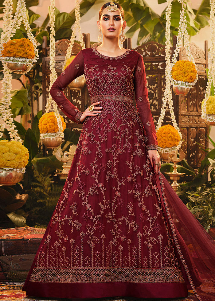 3 Pc Maroon Semi Stitched Net Suit Set Discount Outlet Store