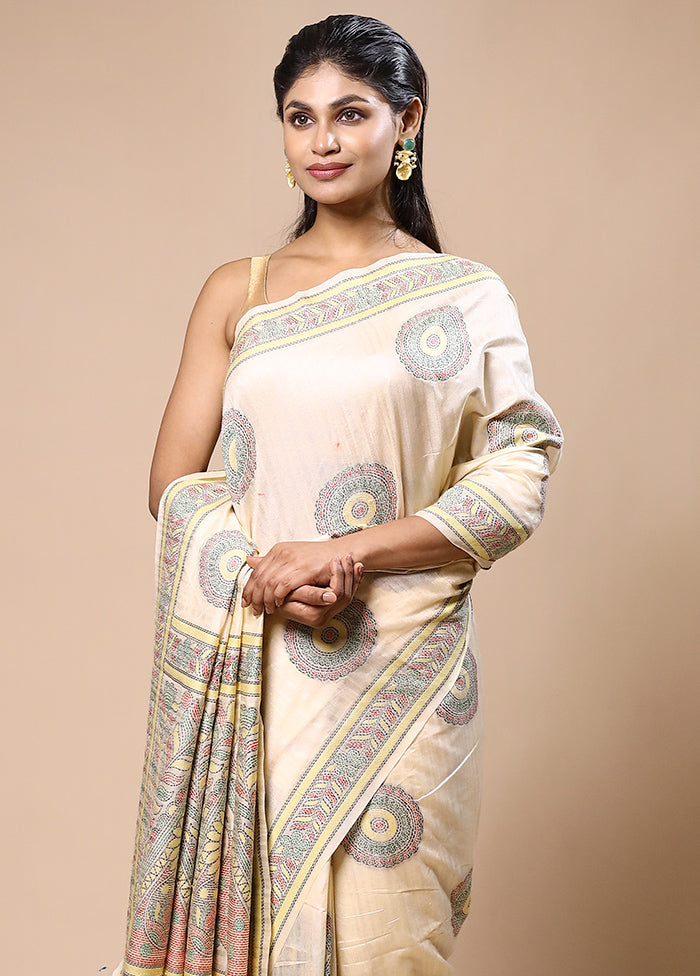 Cream Dupion Silk Saree With Blouse Piece Sale Cost