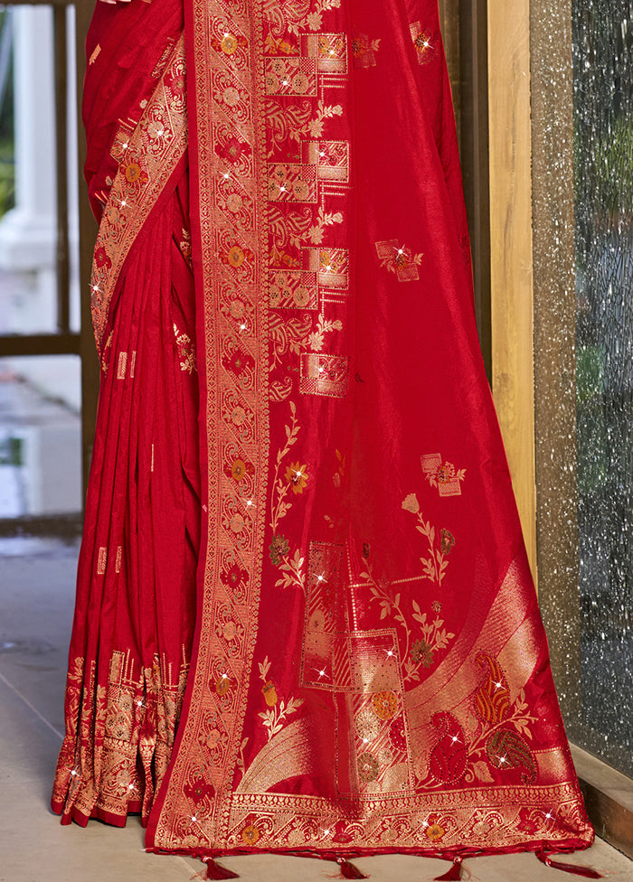 Red Dupion Silk Saree With Blouse Piece Shop Offer Online