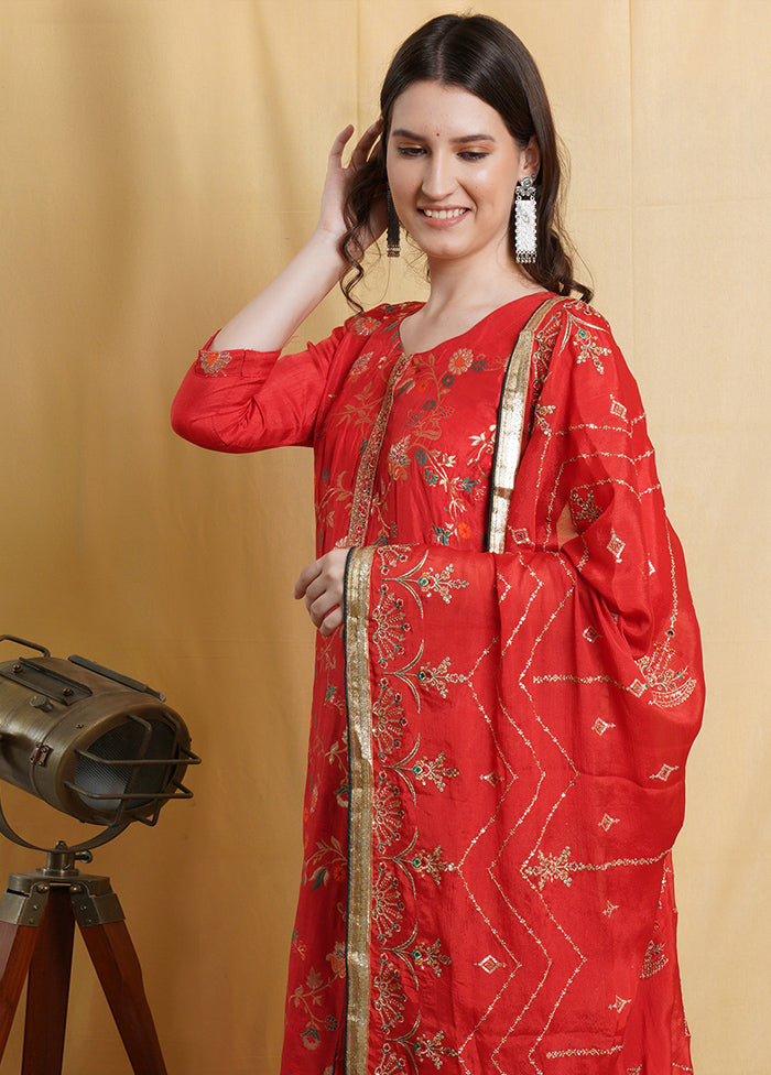 3 Pc Red Unstitched Silk Suit Set Release Dates Cheap Online