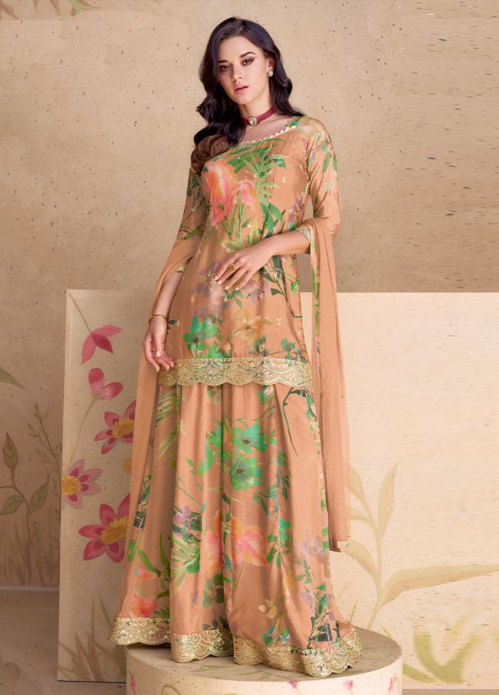 3 Pc Peach Semi Stitched Silk Suit Set Buy Cheap Footlocker