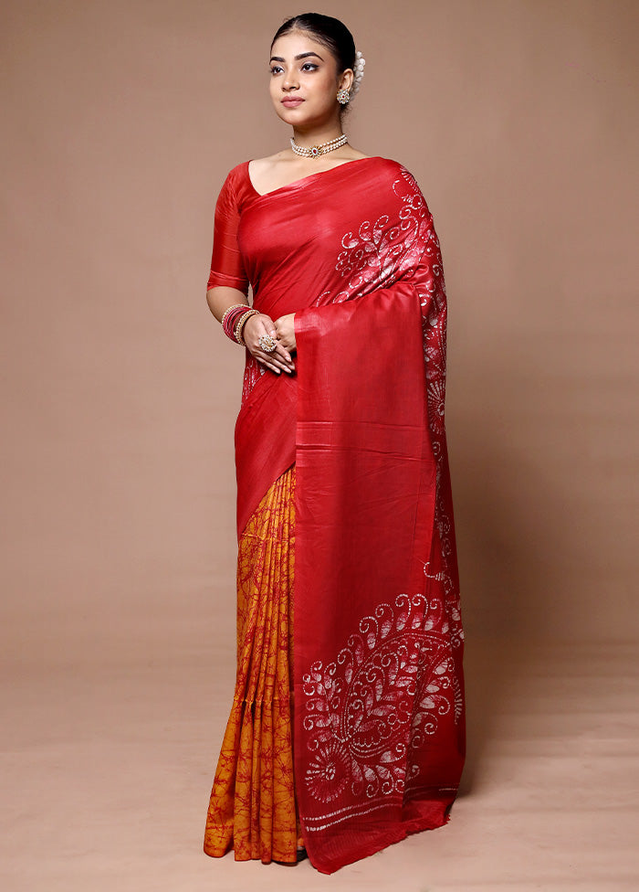 Red Printed Silk Saree Without Blouse Piece Clearance Huge Surprise