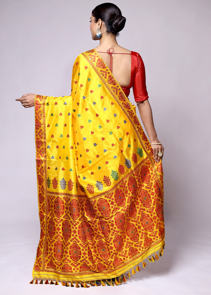 Yellow Handloom Assam Pure Silk Saree With Blouse Piece Free Shipping Manchester