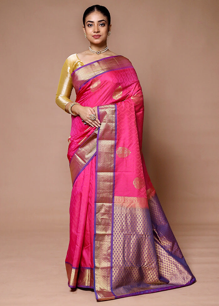 Pink Handloom Kanjivaram Pure Silk Saree With Blouse Piece With Mastercard Online