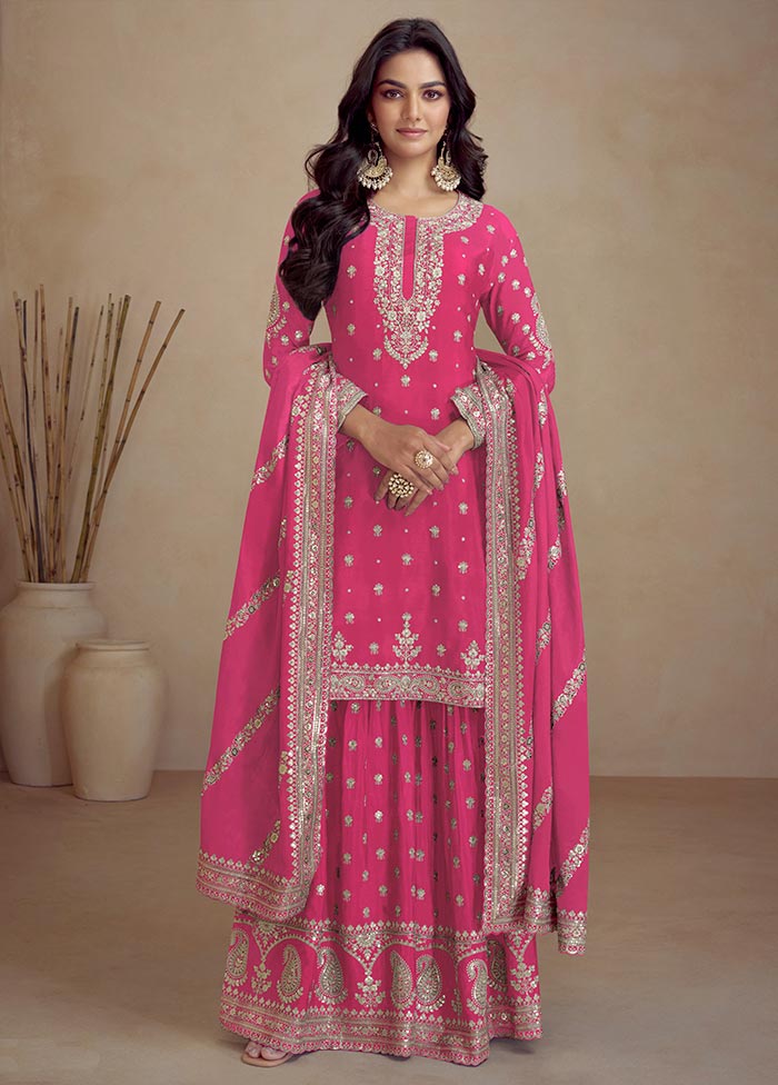 3 Pc Pink Semi Stitched Silk Suit Set For Sale Online