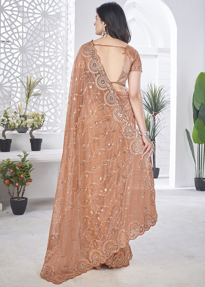 Peach Net Net Saree With Blouse Piece Buy Cheap Free Shipping