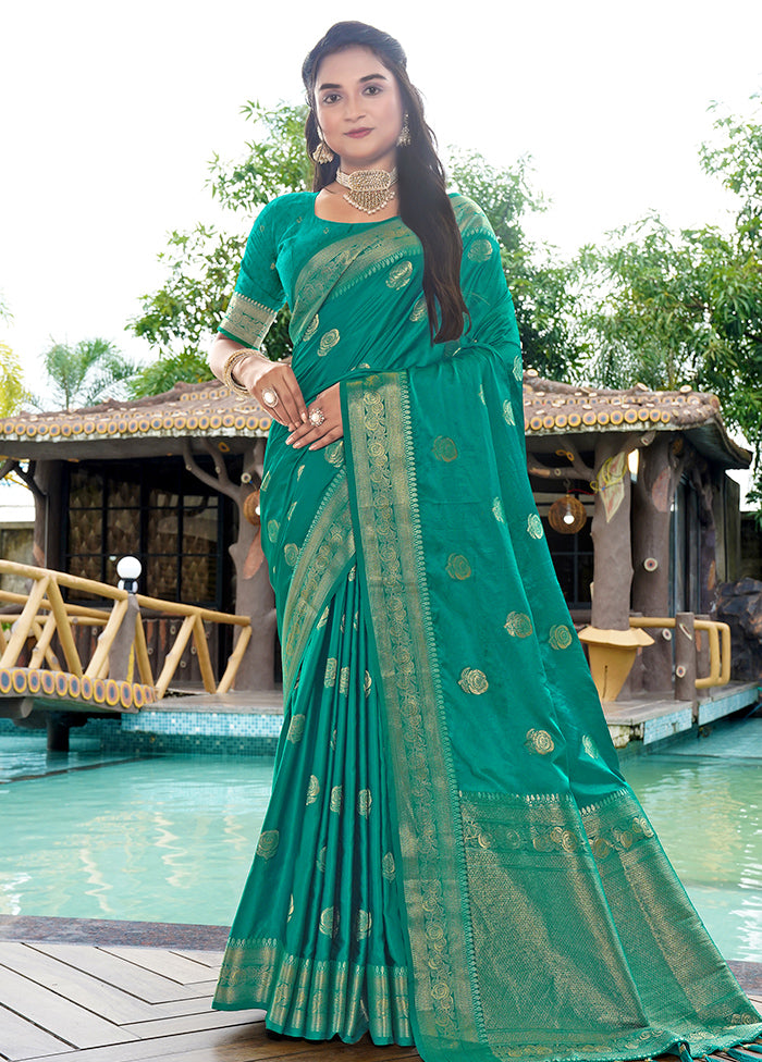 Rama Satin Silk Saree With Blouse Piece Discount Wholesale