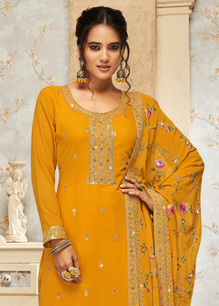 3 Pc Mustard Semi Stitched Georgette Suit Set Outlet Finishline